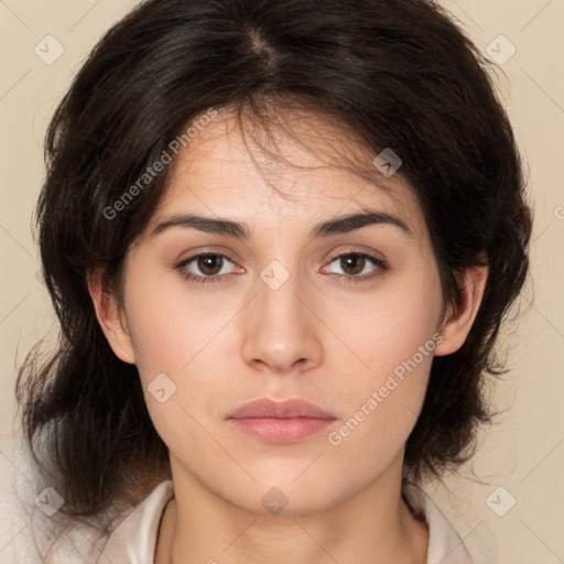 Neutral white young-adult female with medium  brown hair and brown eyes