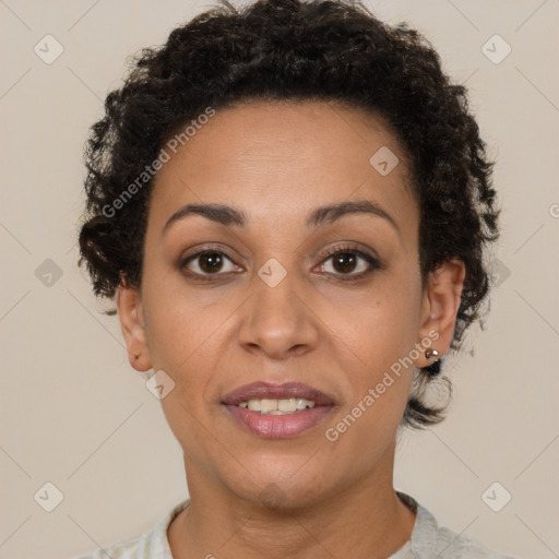 Joyful latino young-adult female with short  brown hair and brown eyes