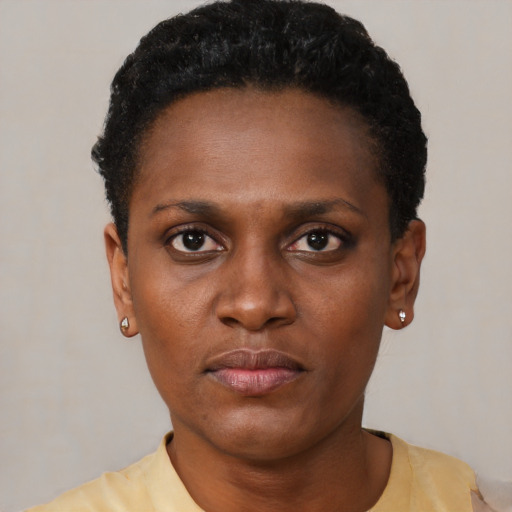 Neutral black young-adult female with short  black hair and brown eyes