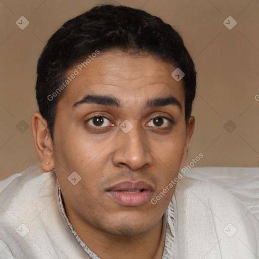 Neutral latino young-adult male with short  brown hair and brown eyes