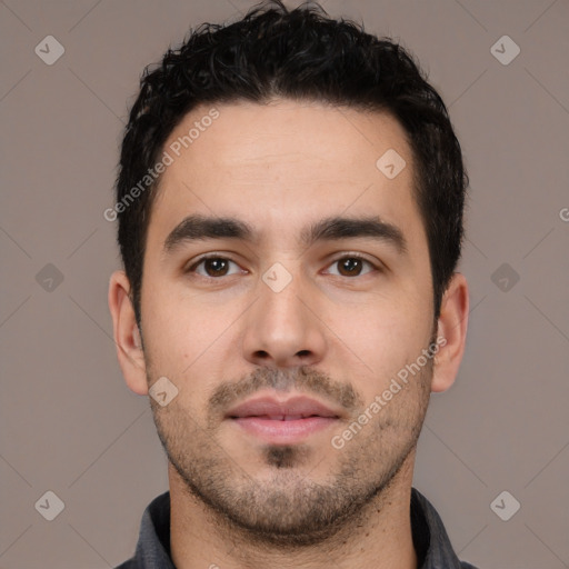 Neutral white young-adult male with short  black hair and brown eyes