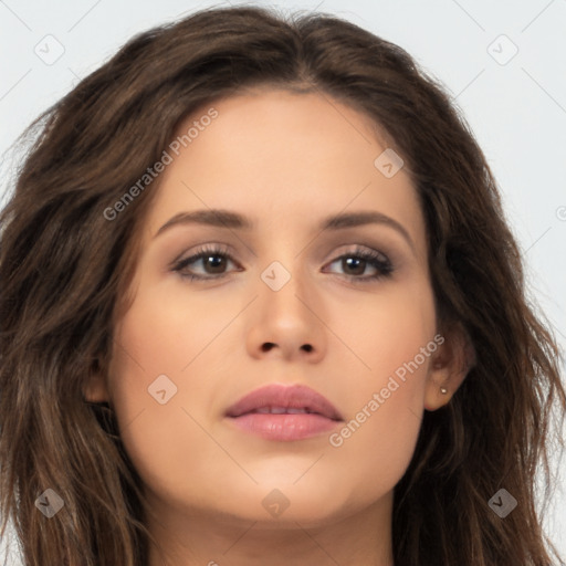 Neutral white young-adult female with long  brown hair and brown eyes