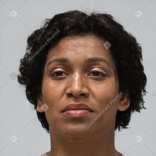 Joyful black adult female with short  brown hair and brown eyes