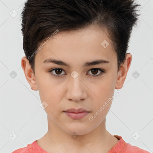 Neutral white young-adult female with short  brown hair and brown eyes