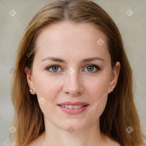 Joyful white young-adult female with medium  brown hair and blue eyes