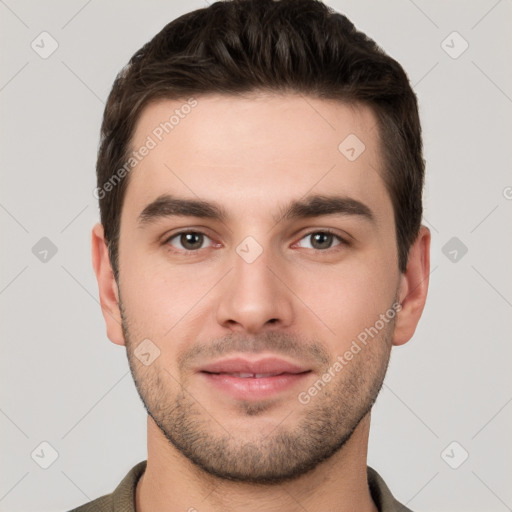 Neutral white young-adult male with short  brown hair and brown eyes