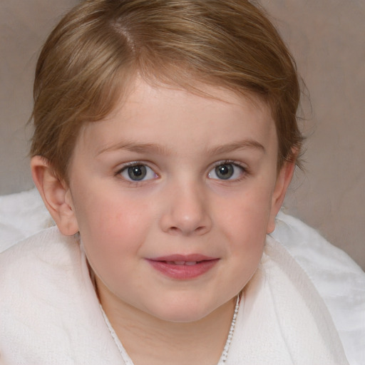 Joyful white child female with medium  brown hair and blue eyes