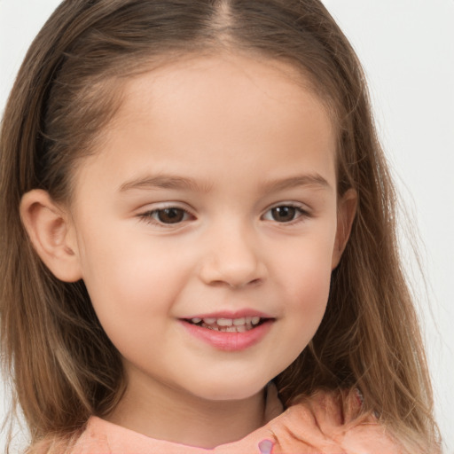 Joyful white child female with long  brown hair and brown eyes