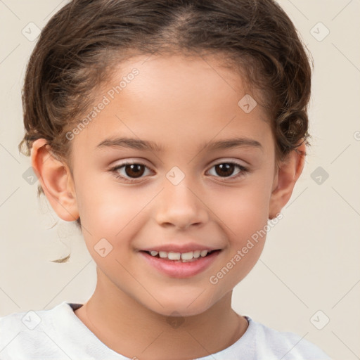 Joyful white child female with short  brown hair and brown eyes