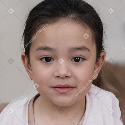 Joyful white child female with medium  brown hair and brown eyes