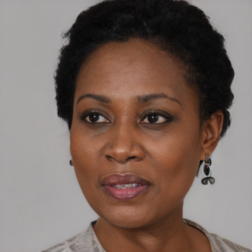 Joyful black adult female with short  black hair and brown eyes