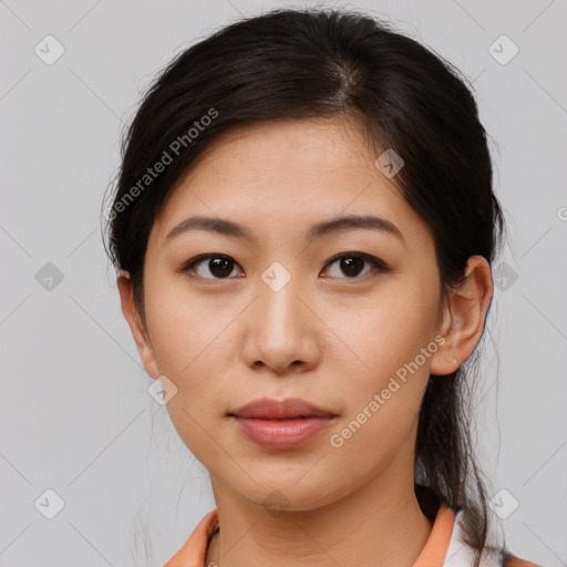 Neutral asian young-adult female with medium  brown hair and brown eyes