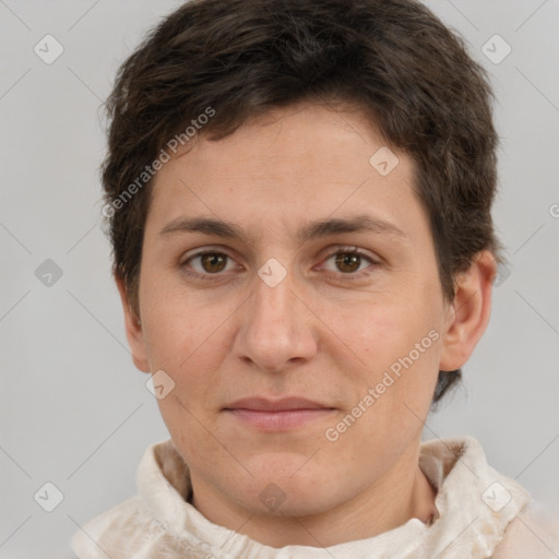 Joyful white adult female with short  brown hair and brown eyes