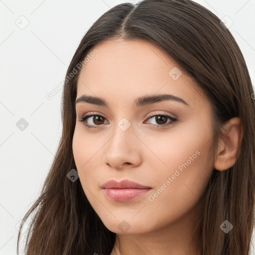 Neutral white young-adult female with long  brown hair and brown eyes