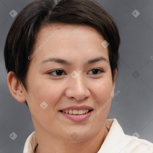 Joyful white young-adult female with short  brown hair and brown eyes