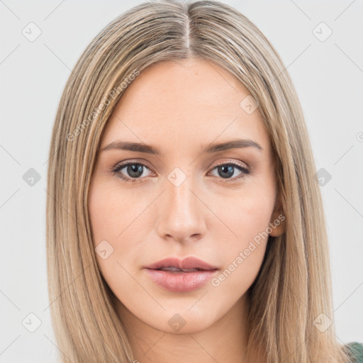 Neutral white young-adult female with long  brown hair and brown eyes