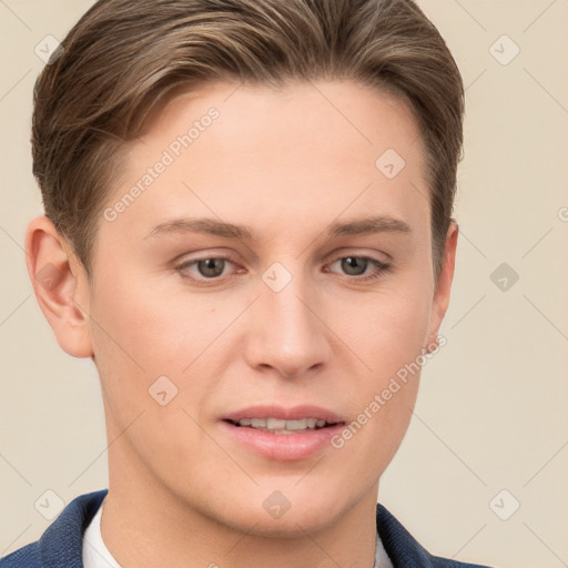 Joyful white young-adult female with short  brown hair and grey eyes