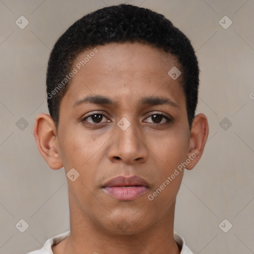 Neutral latino young-adult male with short  black hair and brown eyes