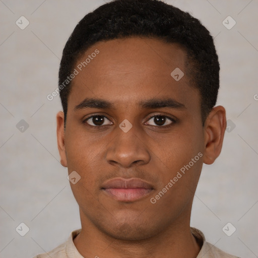 Neutral latino young-adult male with short  brown hair and brown eyes