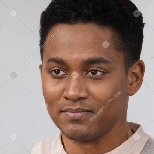 Joyful black young-adult male with short  black hair and brown eyes