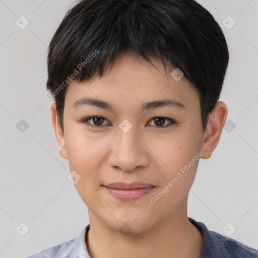 Joyful asian young-adult female with short  brown hair and brown eyes