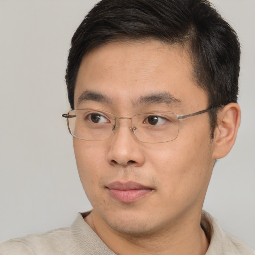Neutral asian adult male with short  brown hair and brown eyes