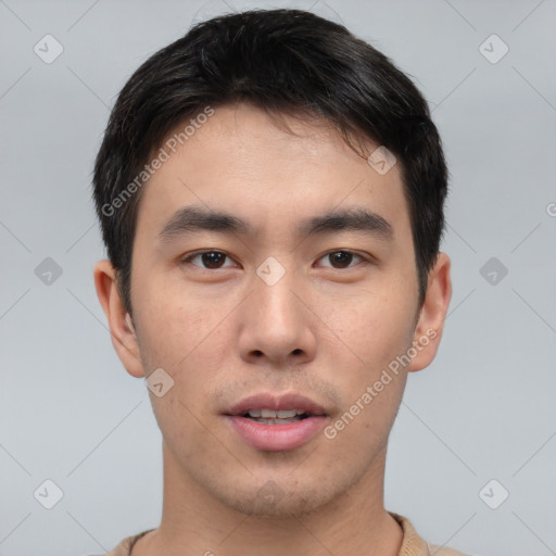 Neutral asian young-adult male with short  brown hair and brown eyes