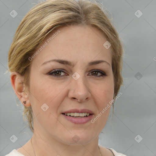 Joyful white adult female with medium  brown hair and brown eyes