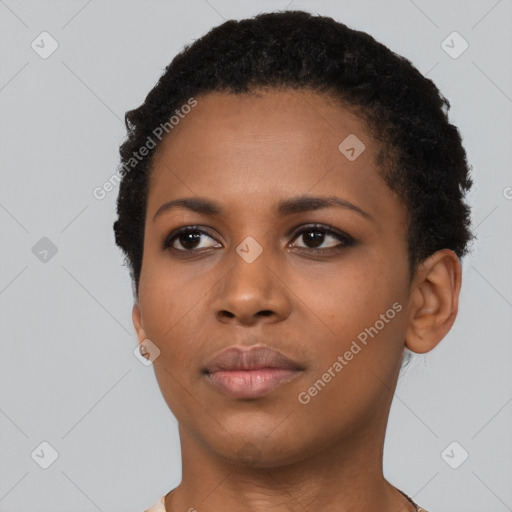 Neutral black young-adult female with short  black hair and brown eyes