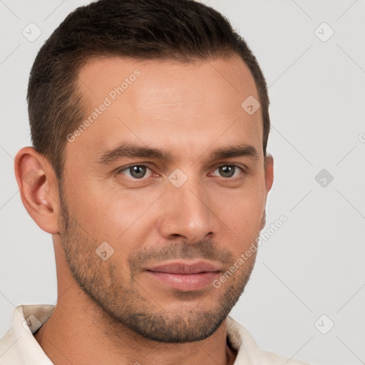 Neutral white young-adult male with short  brown hair and brown eyes