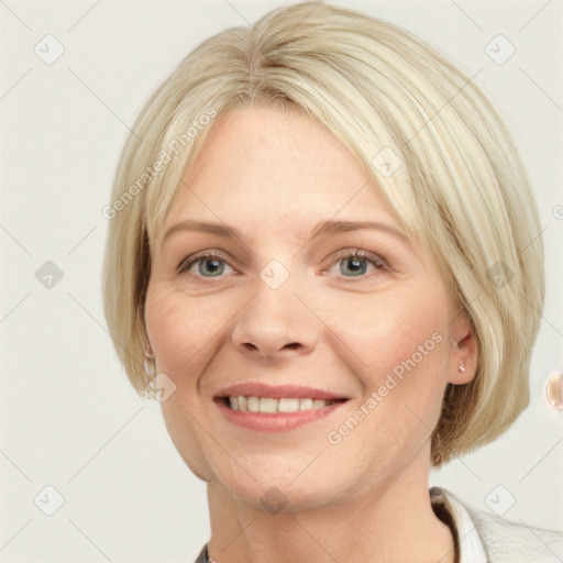 Joyful white young-adult female with medium  brown hair and blue eyes