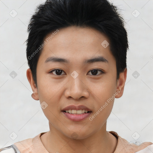 Joyful asian young-adult female with short  black hair and brown eyes