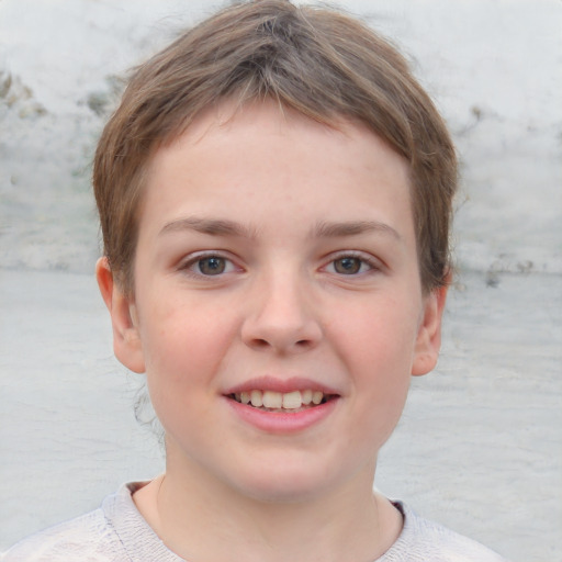 Joyful white child female with short  brown hair and grey eyes