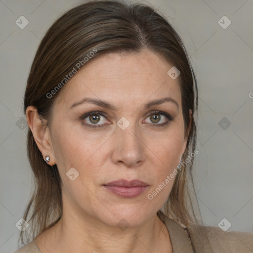 Neutral white adult female with medium  brown hair and brown eyes