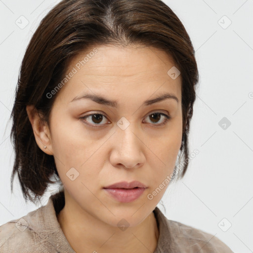 Neutral white young-adult female with medium  brown hair and brown eyes