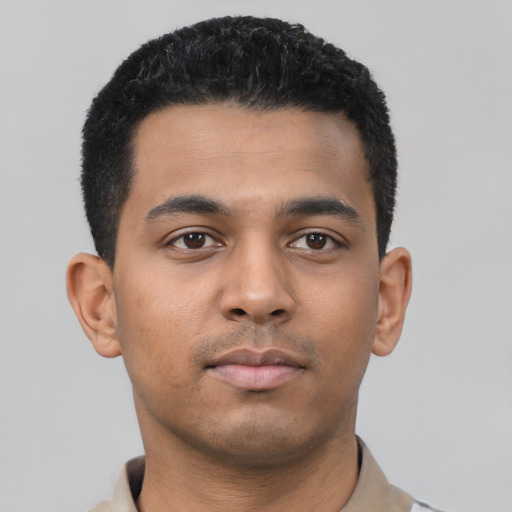 Neutral latino young-adult male with short  black hair and brown eyes