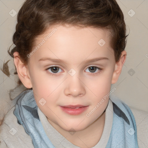 Joyful white child female with short  brown hair and brown eyes