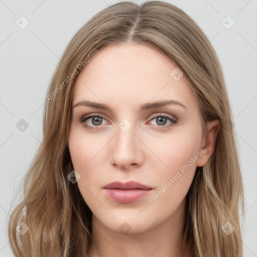 Neutral white young-adult female with long  brown hair and grey eyes