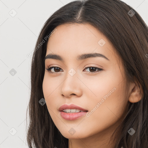 Neutral white young-adult female with long  brown hair and brown eyes