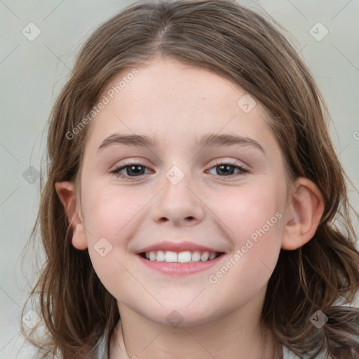 Joyful white child female with medium  brown hair and grey eyes