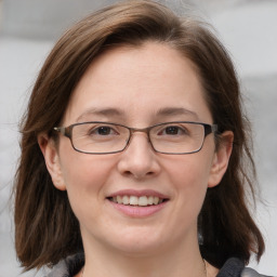 Joyful white adult female with medium  brown hair and grey eyes