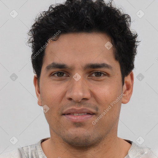 Neutral latino young-adult male with short  brown hair and brown eyes