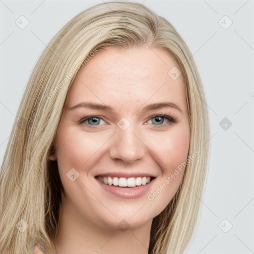 Joyful white young-adult female with long  brown hair and green eyes