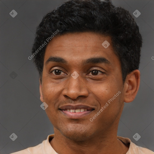 Joyful latino young-adult male with short  black hair and brown eyes