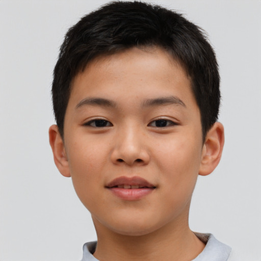 Joyful asian child male with short  brown hair and brown eyes