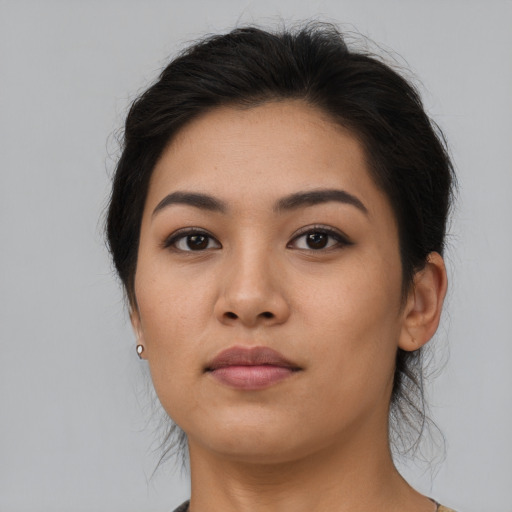 Neutral asian young-adult female with long  brown hair and brown eyes