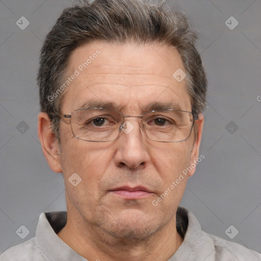 Neutral white middle-aged male with short  brown hair and brown eyes