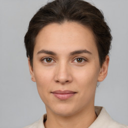 Neutral white young-adult female with short  brown hair and brown eyes