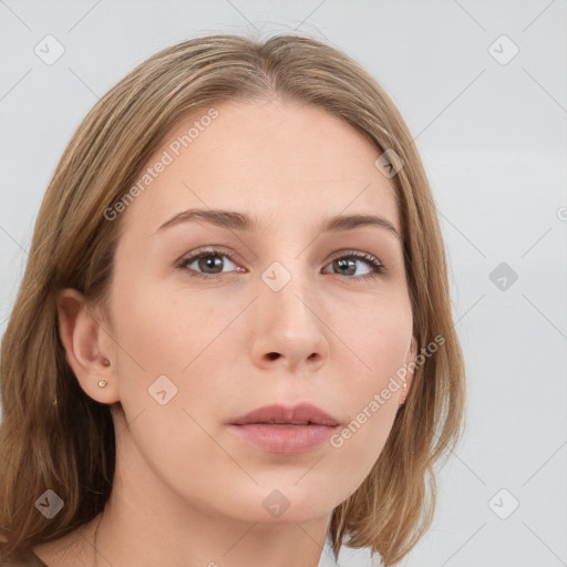 Neutral white young-adult female with medium  brown hair and grey eyes