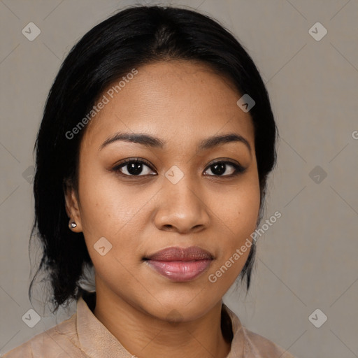 Joyful latino young-adult female with medium  black hair and brown eyes